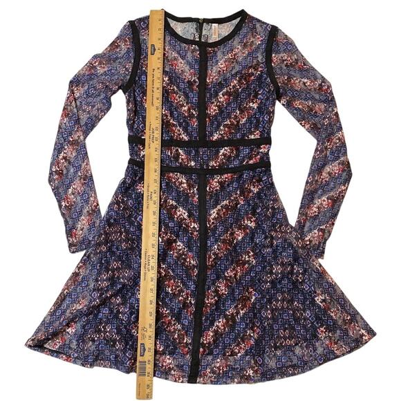 Floral Navy Sheer Long Sleeve Dress Knee Length Piping SZ Small Gothic Ruffle - Picture 7 of 14